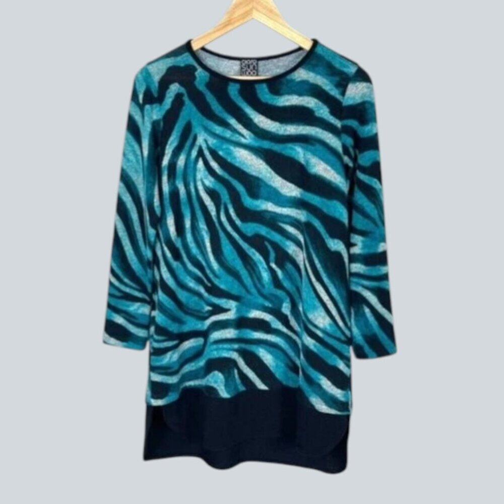 CLARA SUN WOO ANIMAL PRINT TEAL SOFT KNIT TUNIC SWEATER - Picture 2 of 8